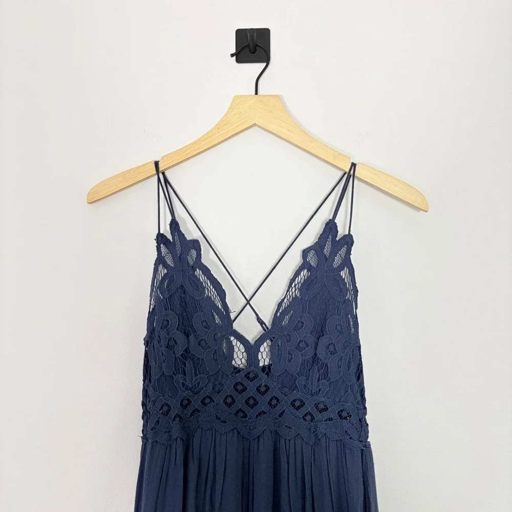 Free People FP One Adella Maxi Slip Dress Navy Blue Crochet‎ Lace Ruffle Small
